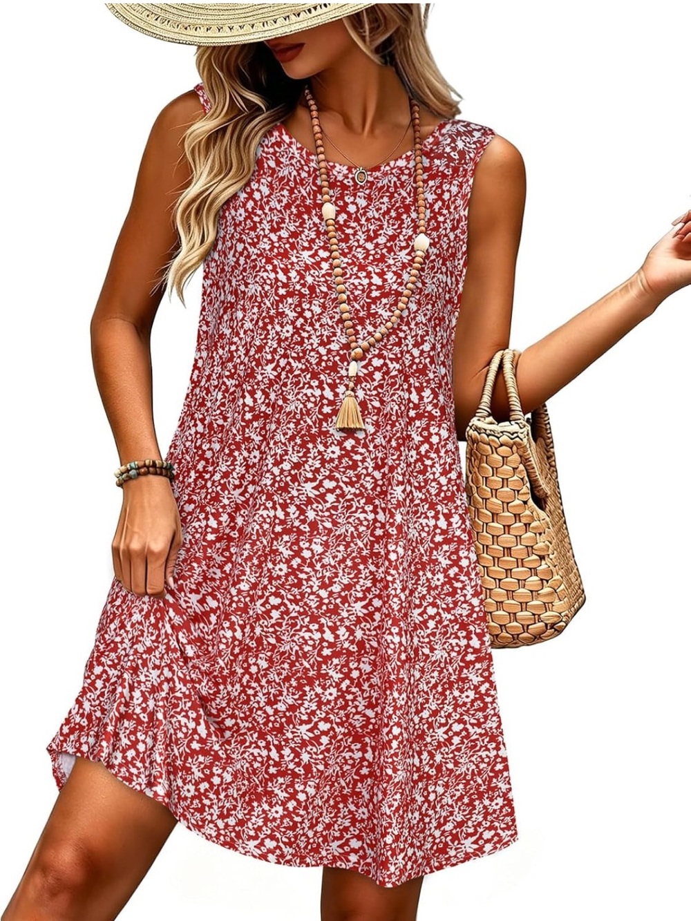 Amazon Red Floral Sleeveless knee length Dress